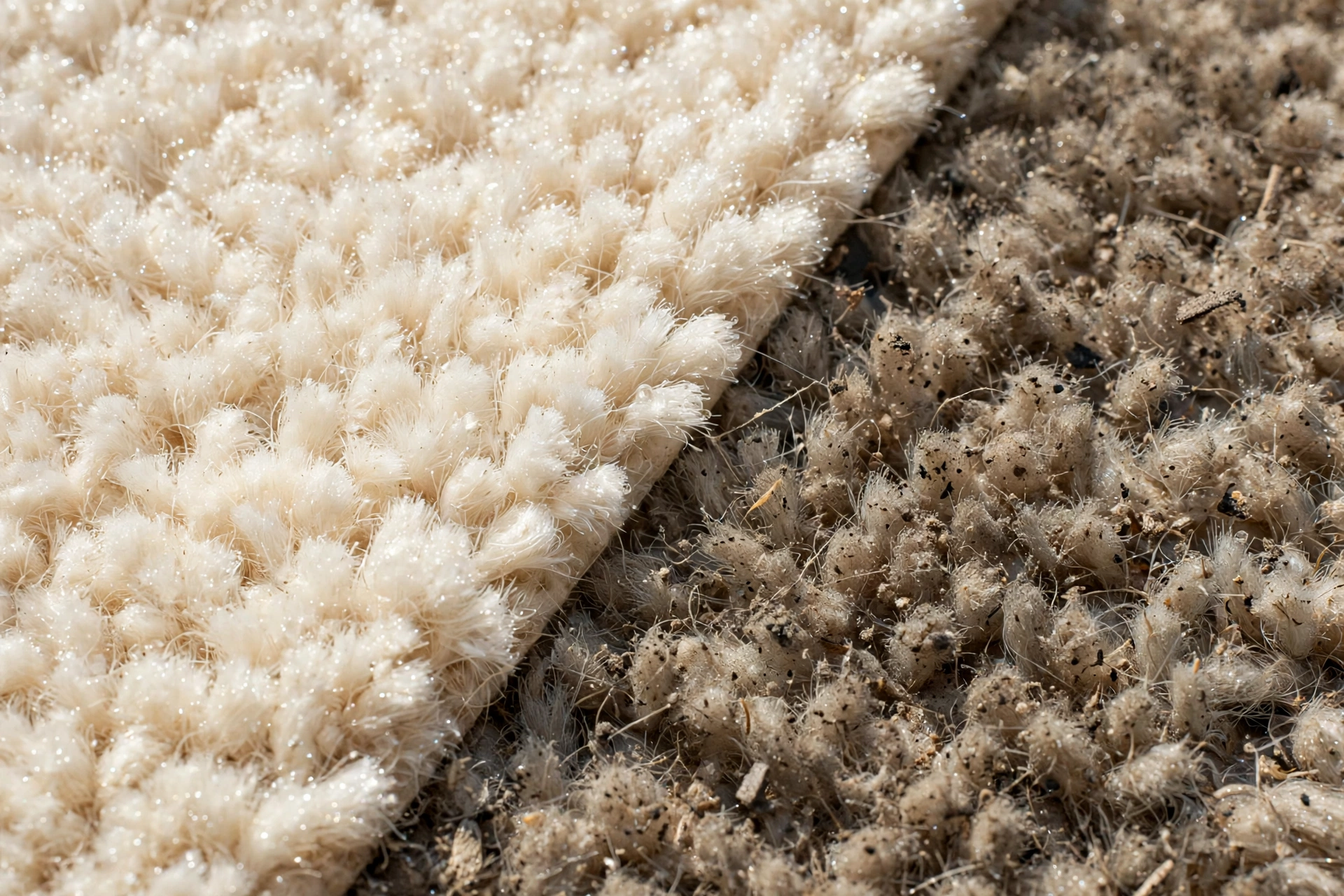 Close-up of carpet fibers showing a clean pass line between cleaned and dirty sections