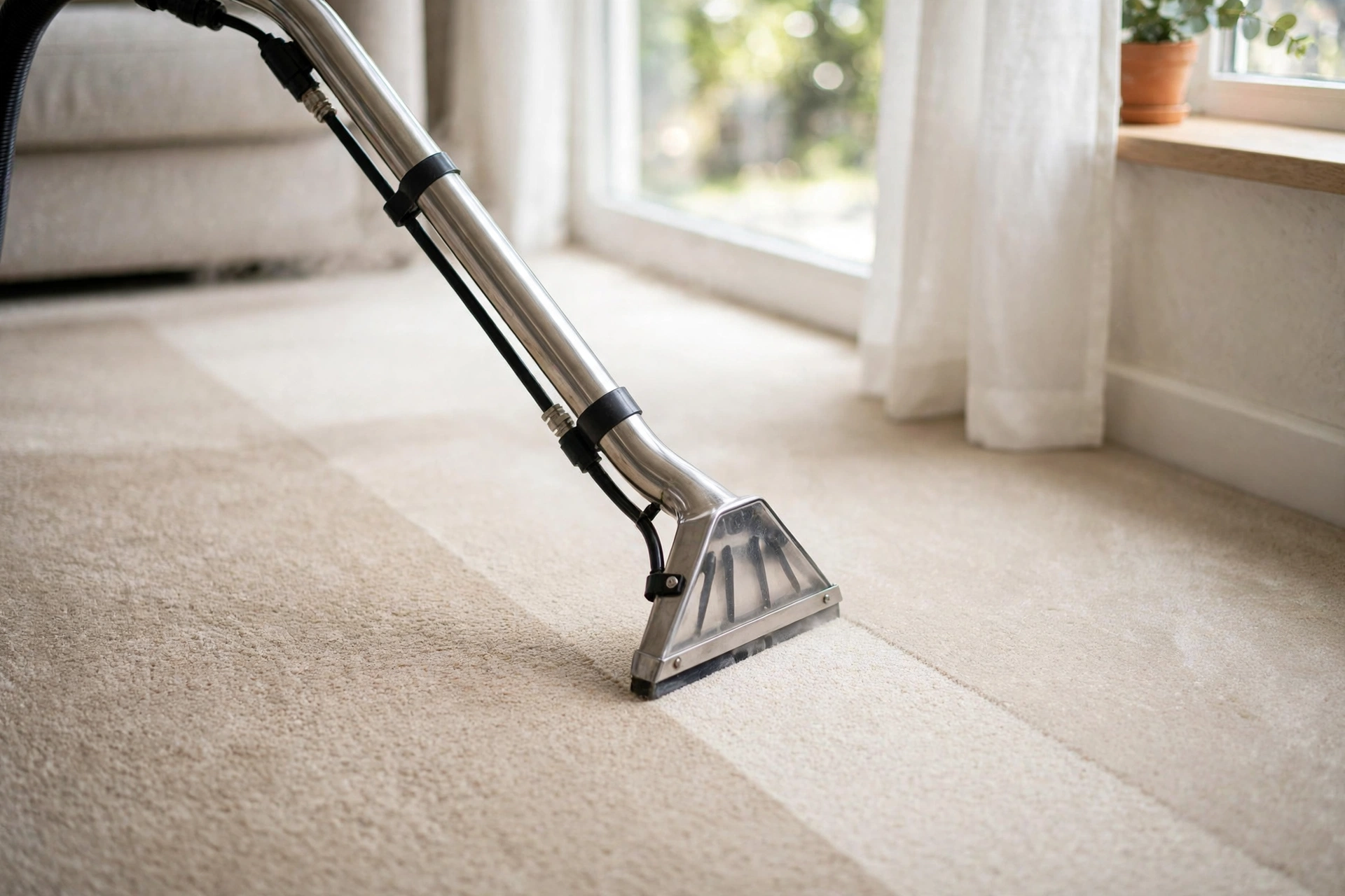 Carpet cleaning wand making a steam extraction pass across a living room carpet