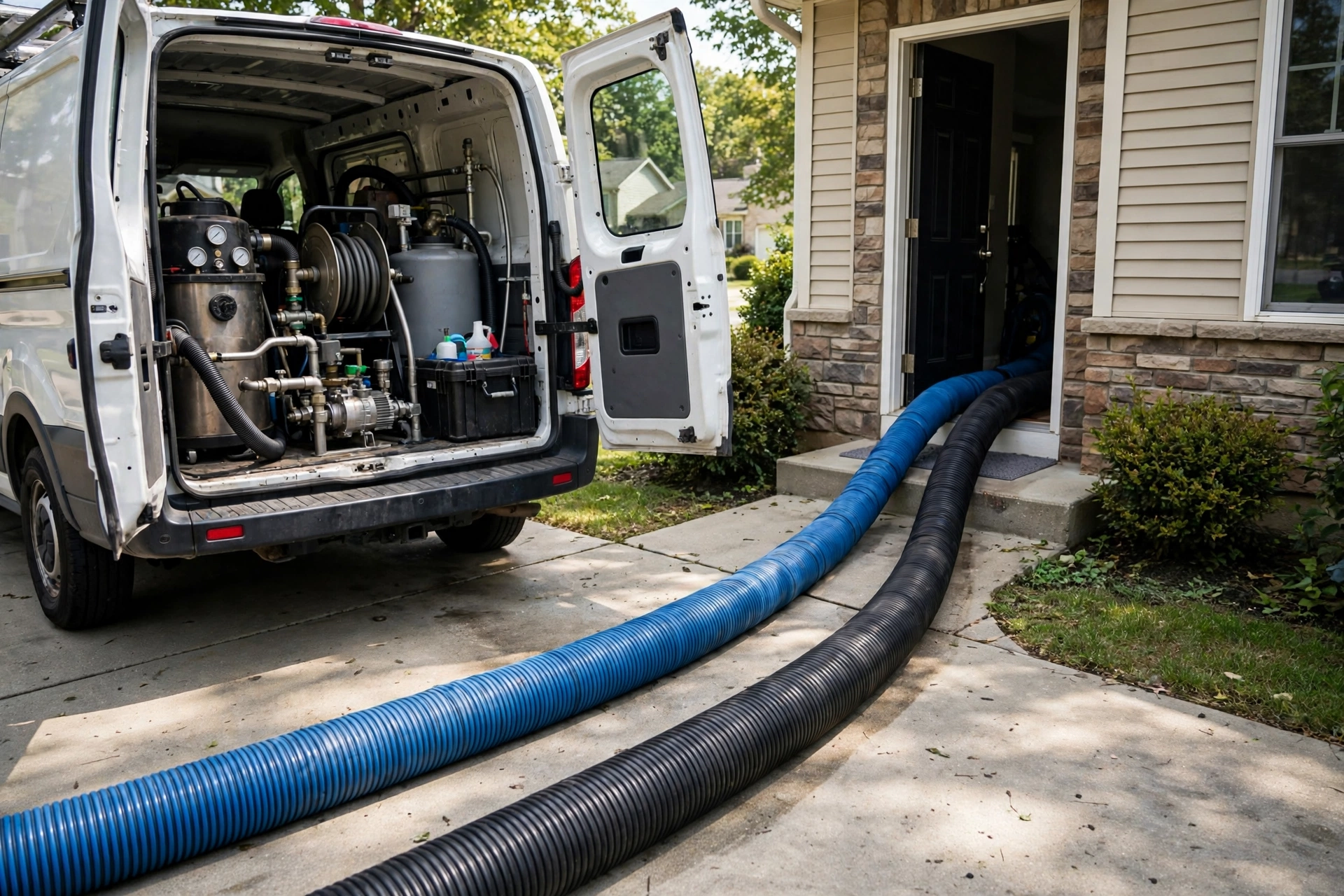 Professional carpet cleaning hoses running from a service van to a home
